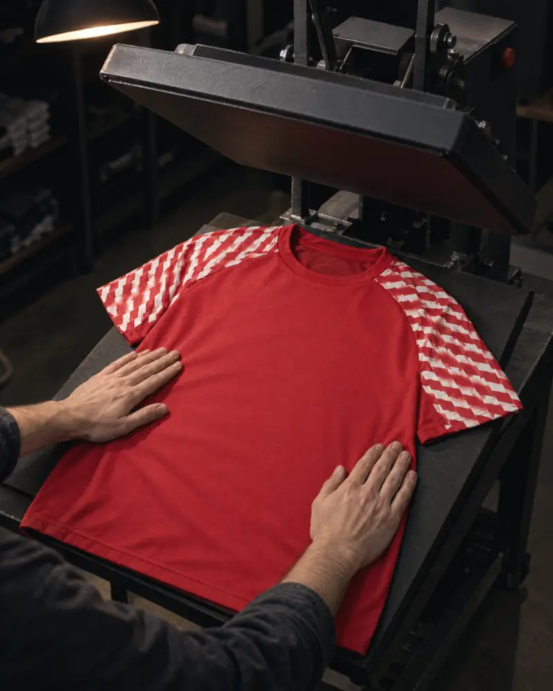 Trikot wird in der Druckabteilung auf der Transferpresse vorbereitet