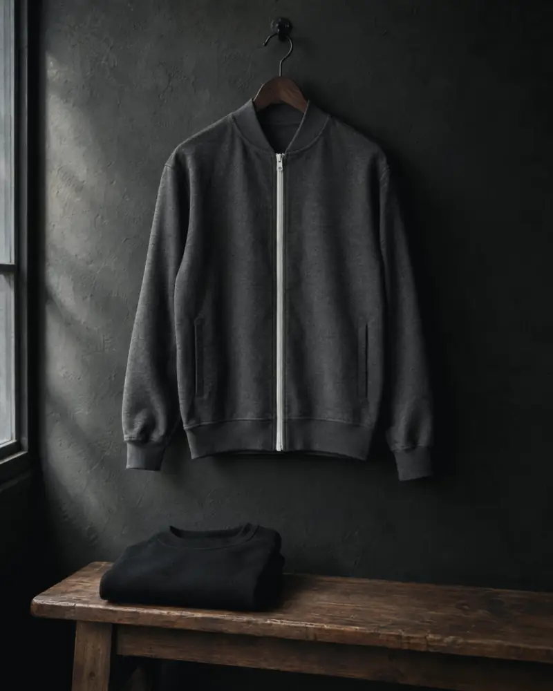 Sweatjacke auf dem Bügel und gefaltetes Sweatshirt