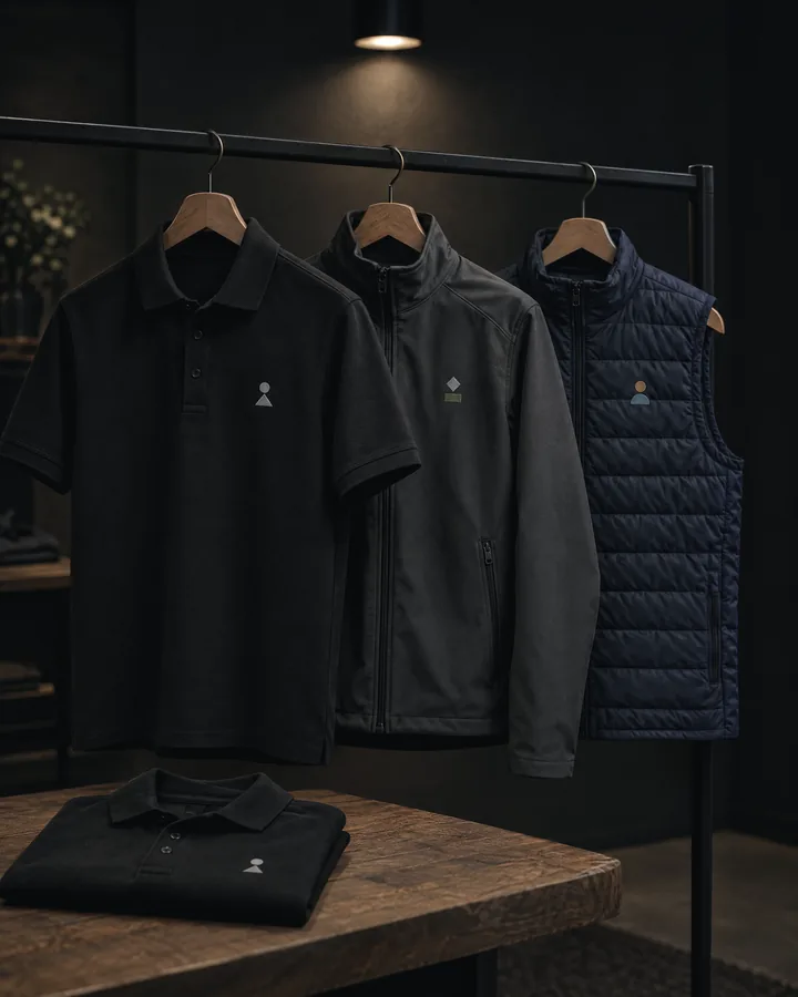 Poloshirt, Softshelljacke und Weste mit gesticktem Emblem an der Kleiderstange