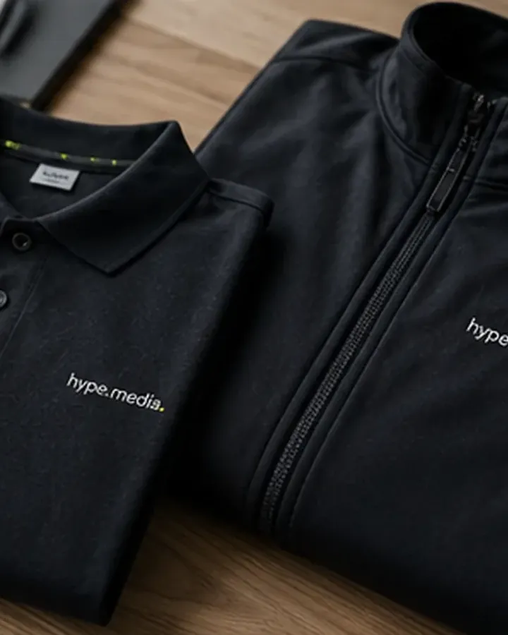Schwarzes Poloshirt und Jacke mit hype.media-Logo