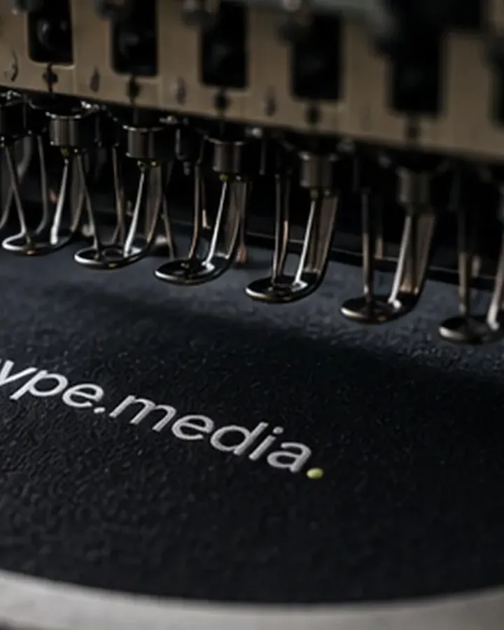 Stickmaschine stickt den hype.media-Schriftzug auf schwarzen Stoff