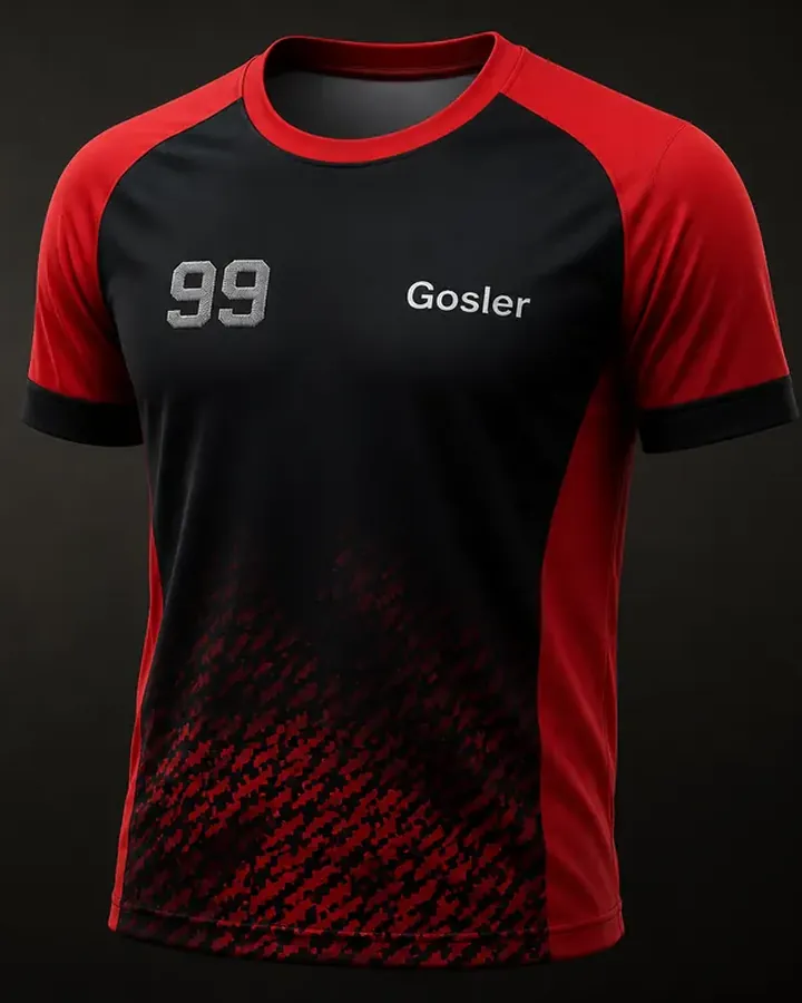 Rot-schwarzes Trikot mit Rückennummer 99 und Spielername