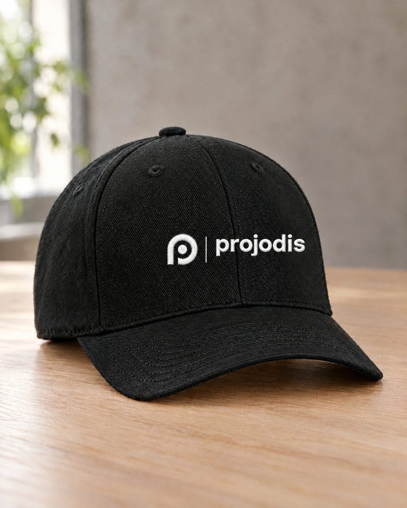 Schwarzes Baseball-Cap mit gesticktem Projodis-Logo in Weiß auf der Frontpartie