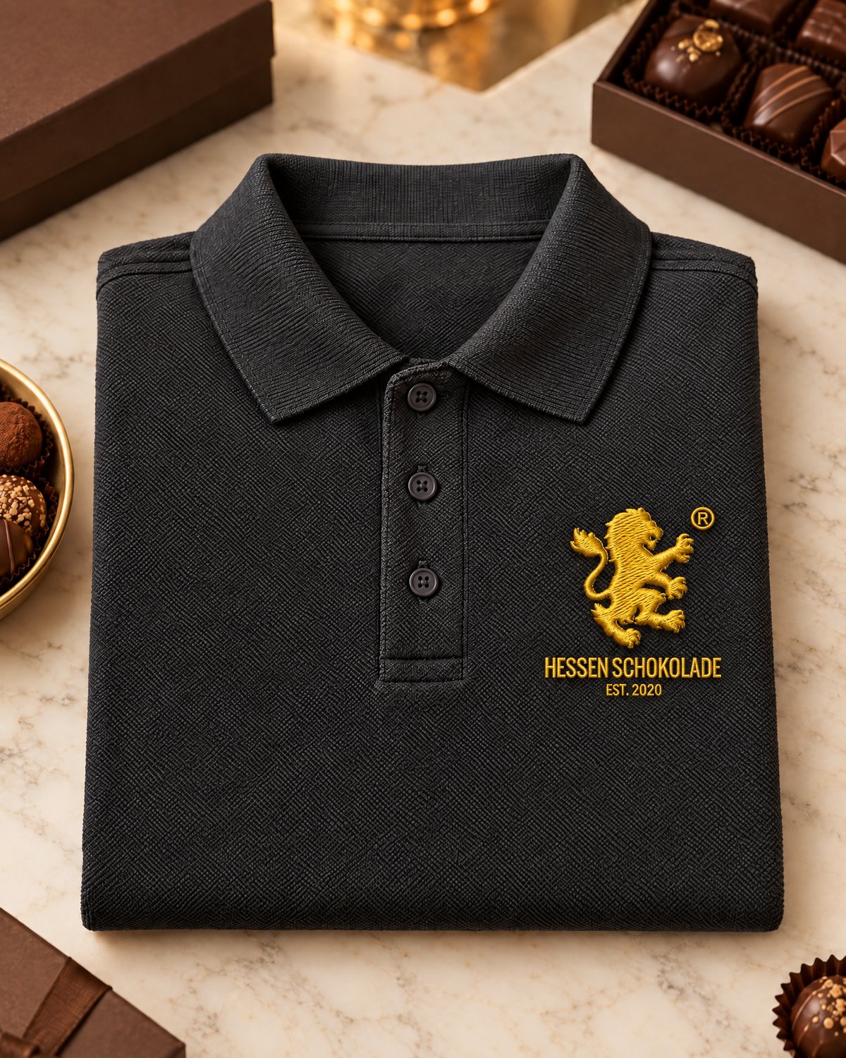 Anthrazit Poloshirt mit goldgelb gesticktem Löwen und Schriftzug Hessen Schokolade