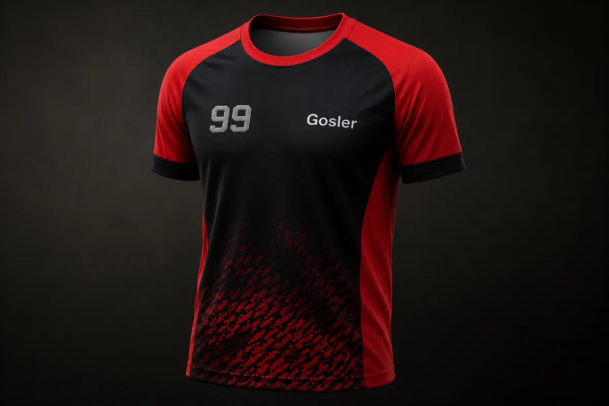 Rot-schwarzes Trikot mit Nummer 99 und Spielername